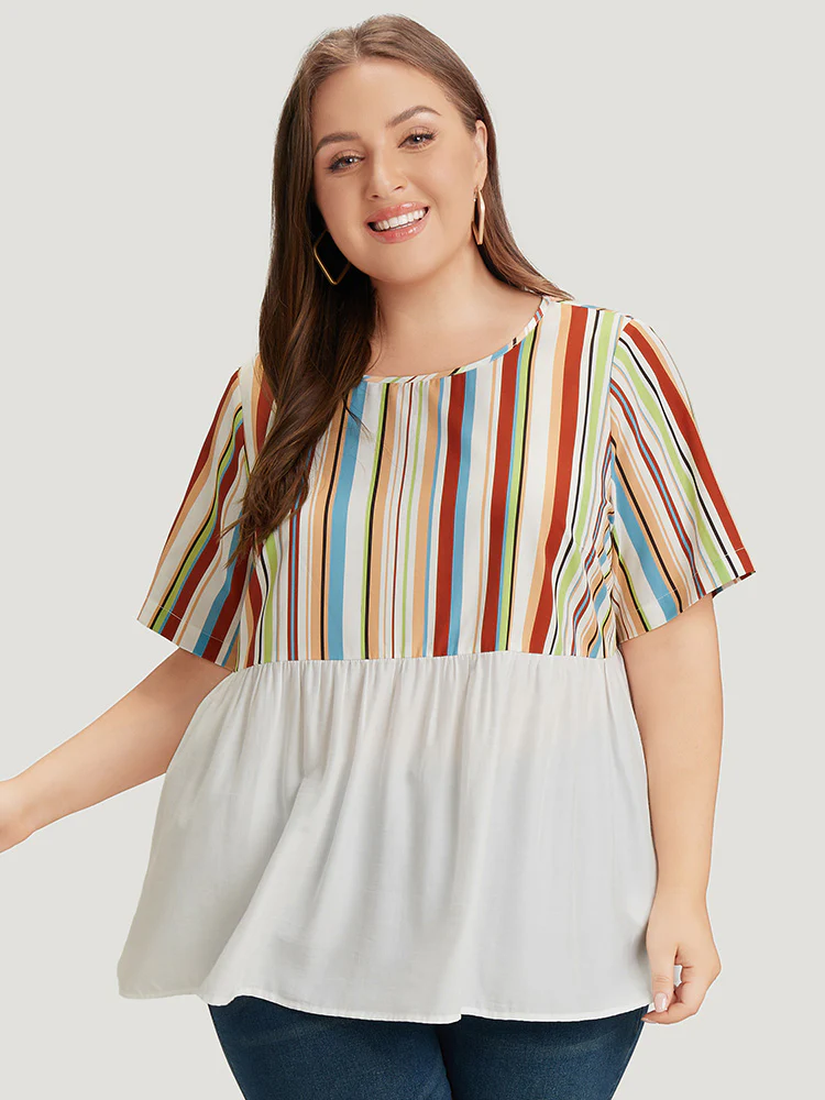 Rainbow Striped Patchwork Gathered Blouse - Image 2