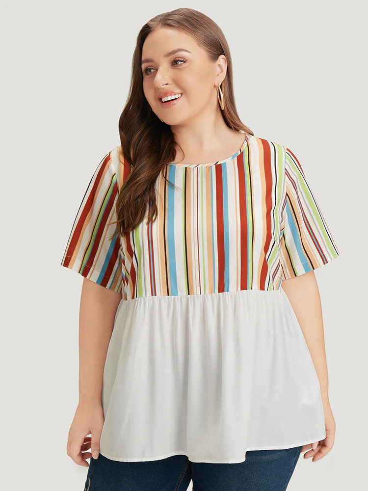 Rainbow Striped Patchwork Gathered Blouse - Image 3