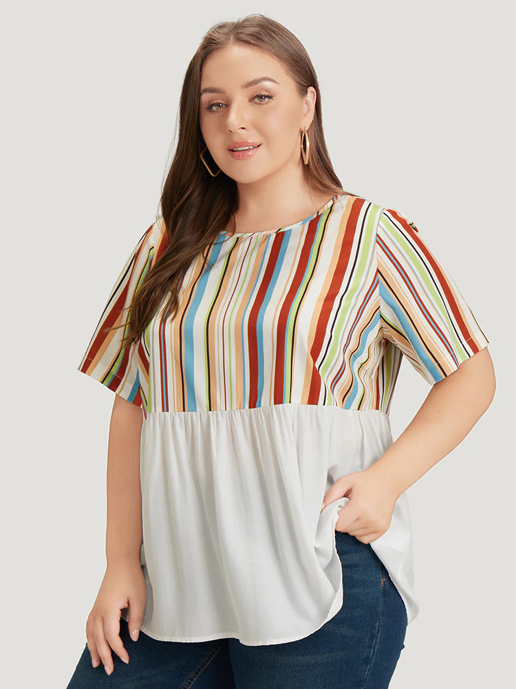 Rainbow Striped Patchwork Gathered Blouse - Image 4