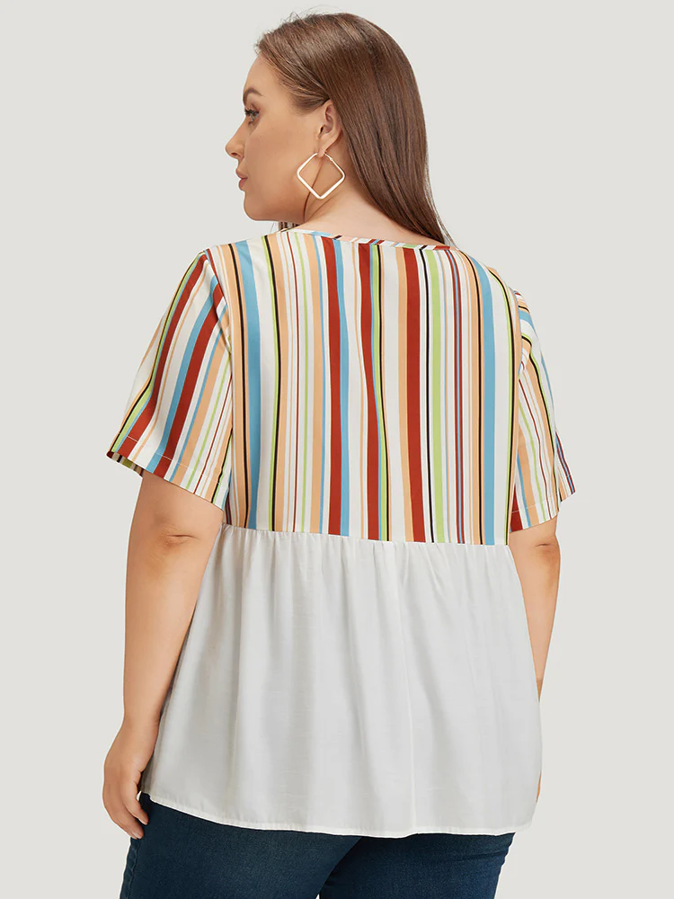 Rainbow Striped Patchwork Gathered Blouse - Image 5