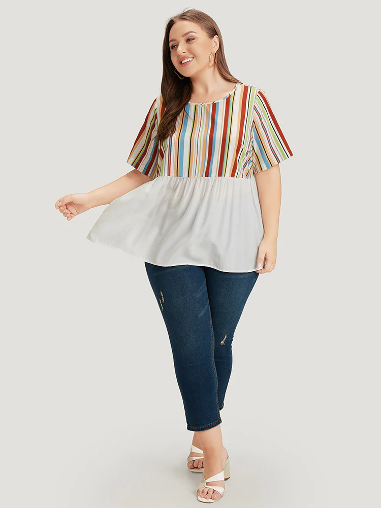 Rainbow Striped Patchwork Gathered Blouse - Image 6