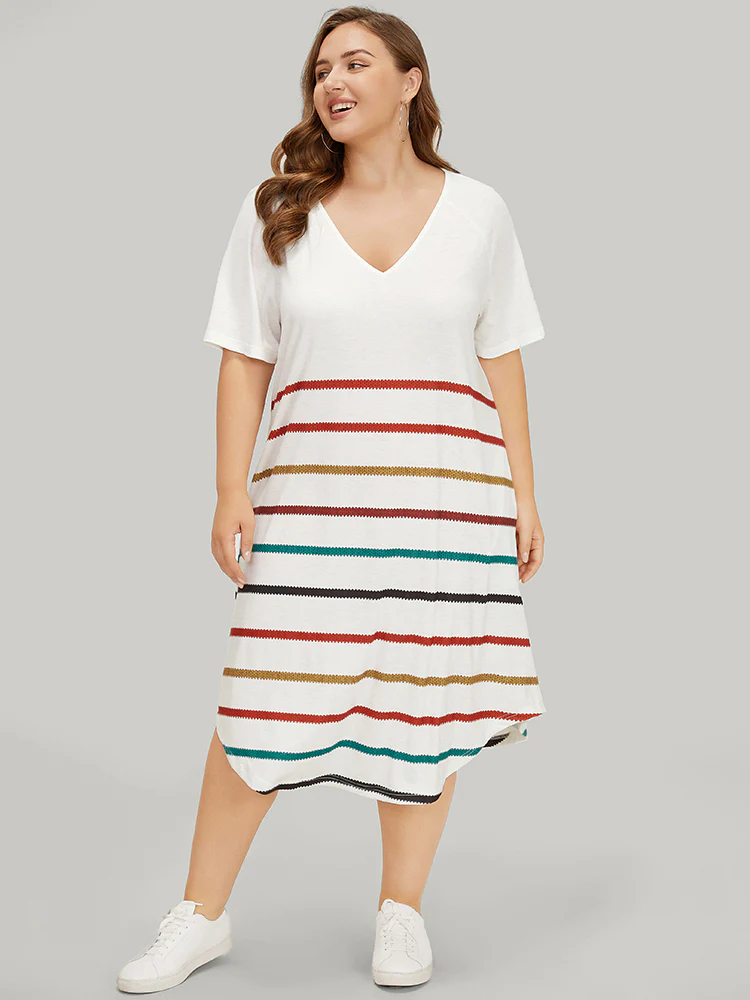 Rainbow Striped Pocket Curved Hem Dress - Image 2