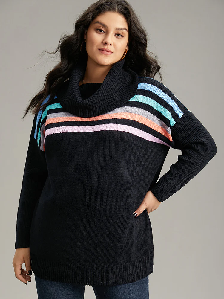 Rainbow Striped Turtle Neck Drop Shoulder Pullover