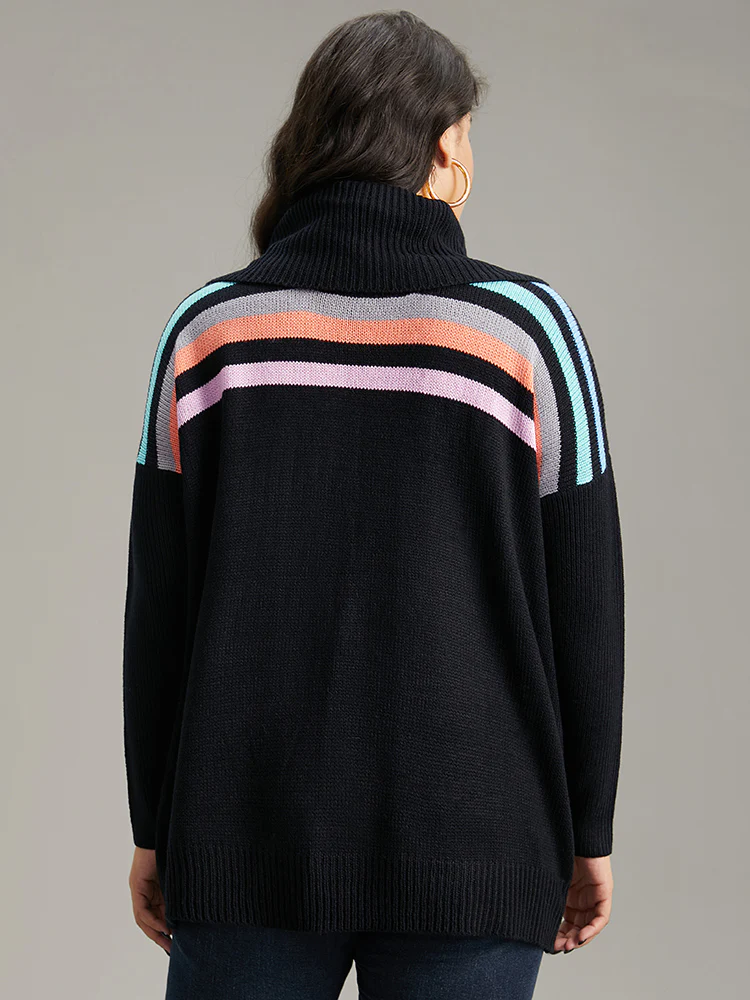 Rainbow Striped Turtle Neck Drop Shoulder Pullover - Image 2