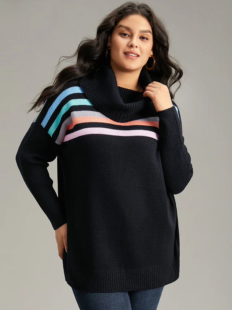 Rainbow Striped Turtle Neck Drop Shoulder Pullover - Image 3