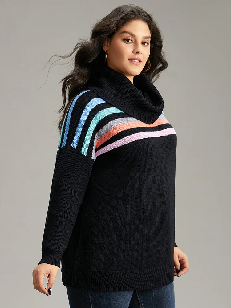 Rainbow Striped Turtle Neck Drop Shoulder Pullover - Image 4