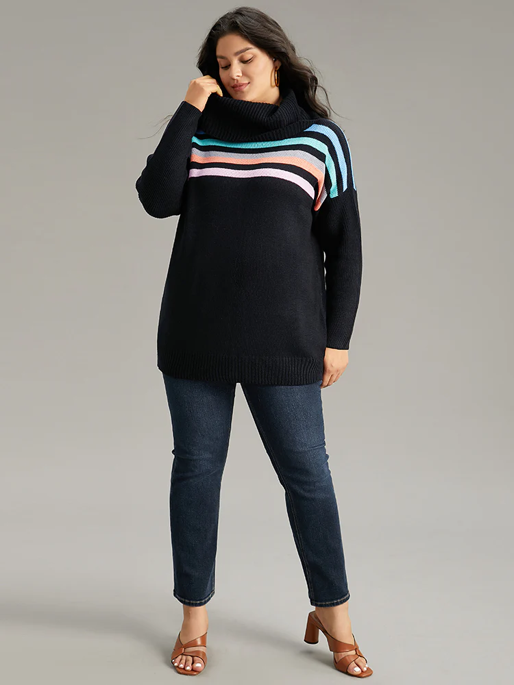 Rainbow Striped Turtle Neck Drop Shoulder Pullover - Image 5