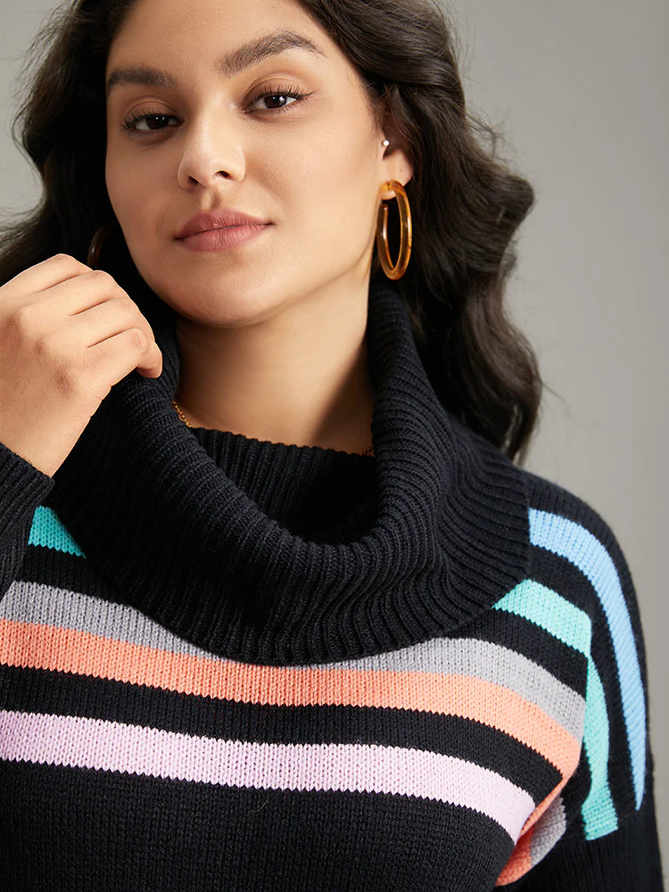 Rainbow Striped Turtle Neck Drop Shoulder Pullover - Image 6