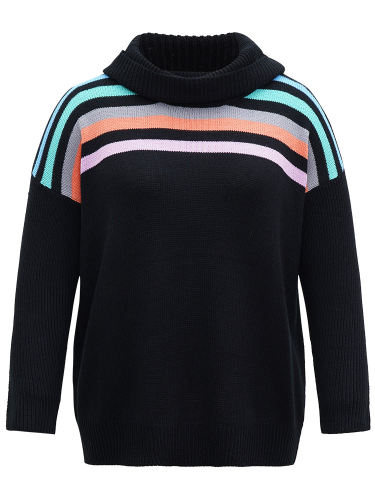 Rainbow Striped Turtle Neck Drop Shoulder Pullover - Image 7
