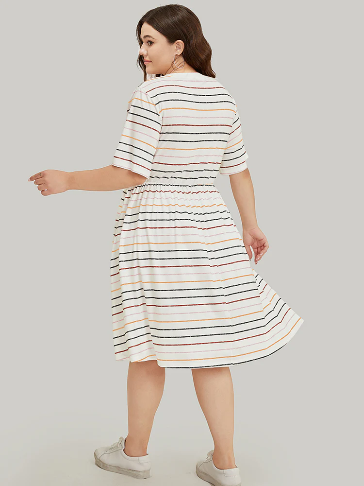 Rainbow Striped V Neck Pocket Contrast Midi Dress - Image 2