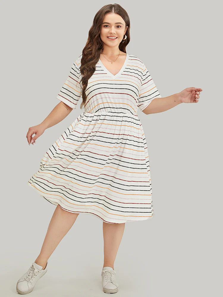 Rainbow Striped V Neck Pocket Contrast Midi Dress - Image 3
