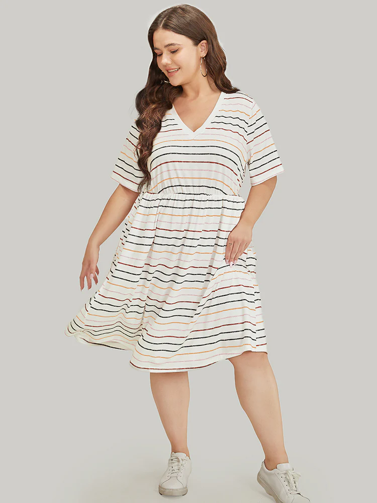 Rainbow Striped V Neck Pocket Contrast Midi Dress - Image 4
