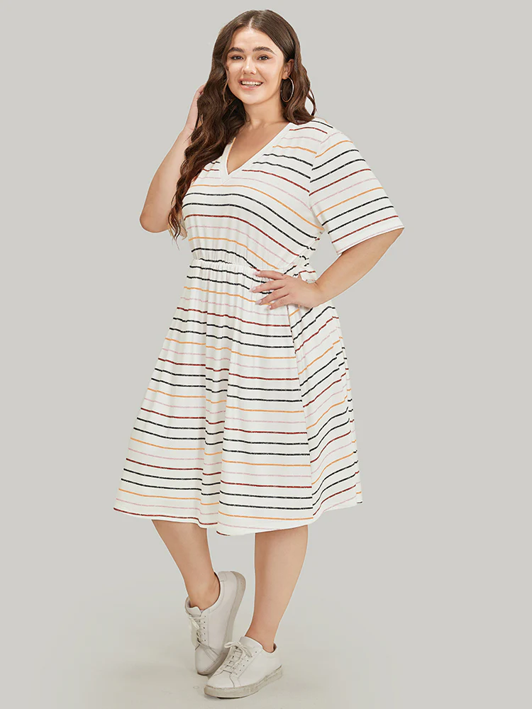 Rainbow Striped V Neck Pocket Contrast Midi Dress - Image 5