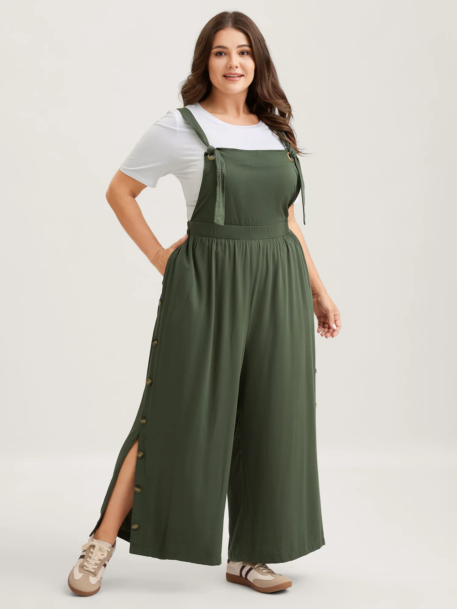 Rayon Adjustable Elastic Waist Slit Jumpsuit