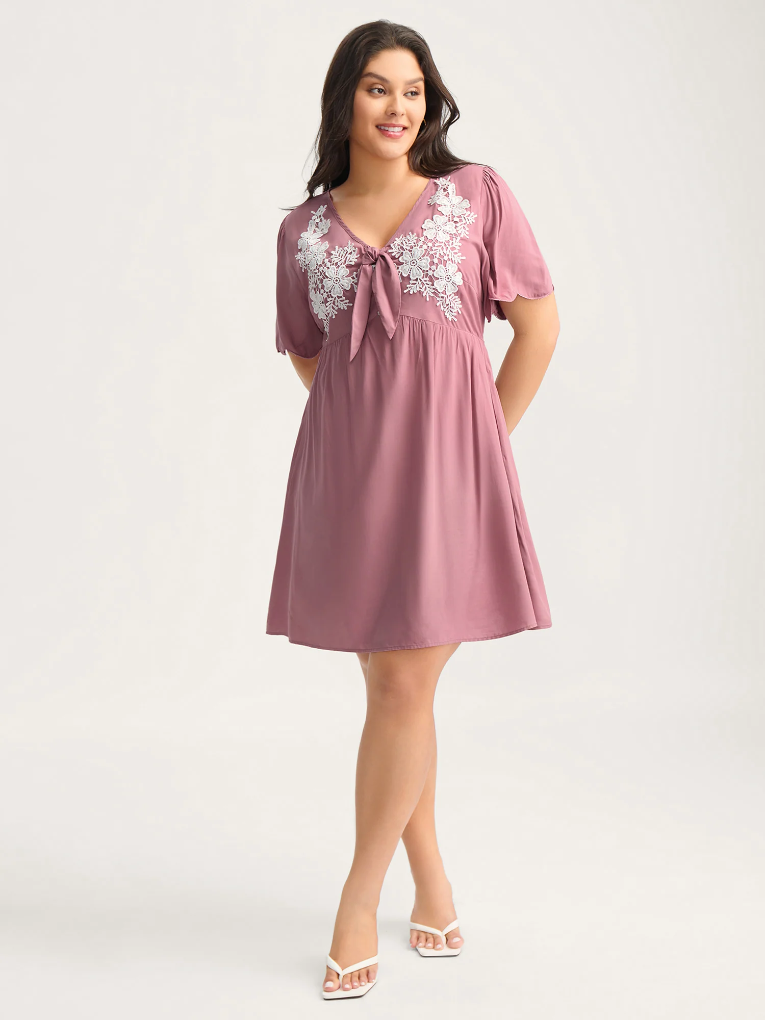 Rayon Bodice Embroidered Patchwork Knot Midi Dress - Image 3