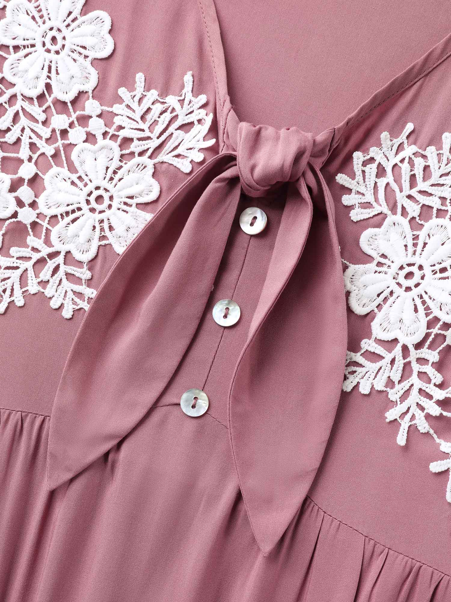 Rayon Bodice Embroidered Patchwork Knot Midi Dress - Image 5