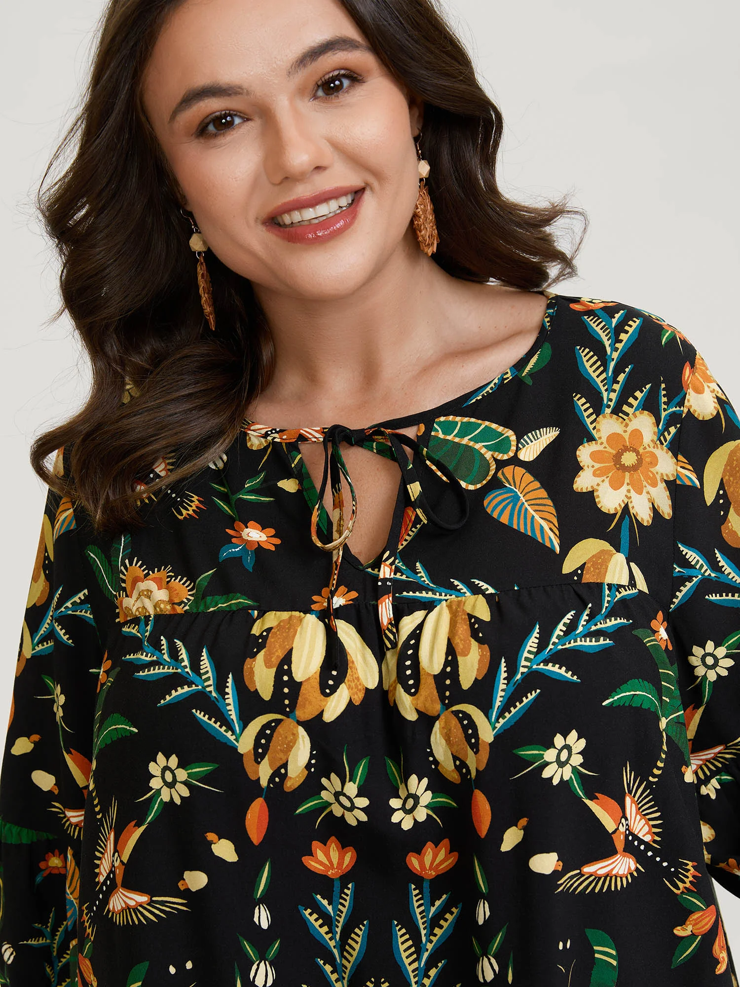 Rayon Boho Floral Neck Tie Blouse - Image 2