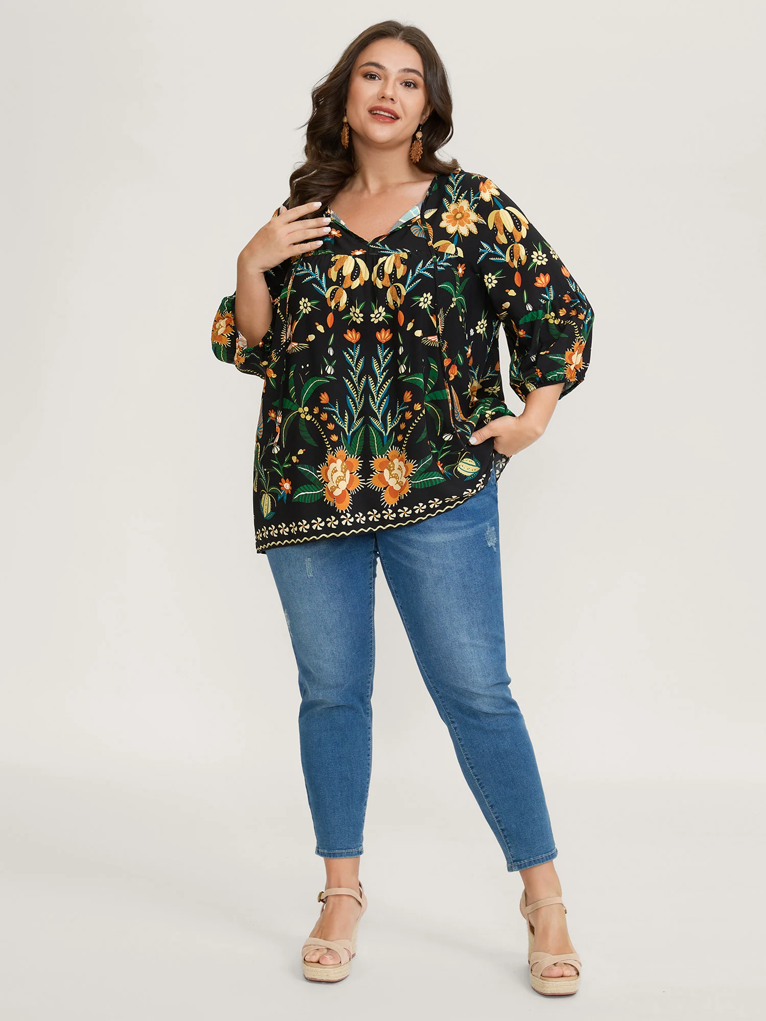 Rayon Boho Floral Neck Tie Blouse - Image 3