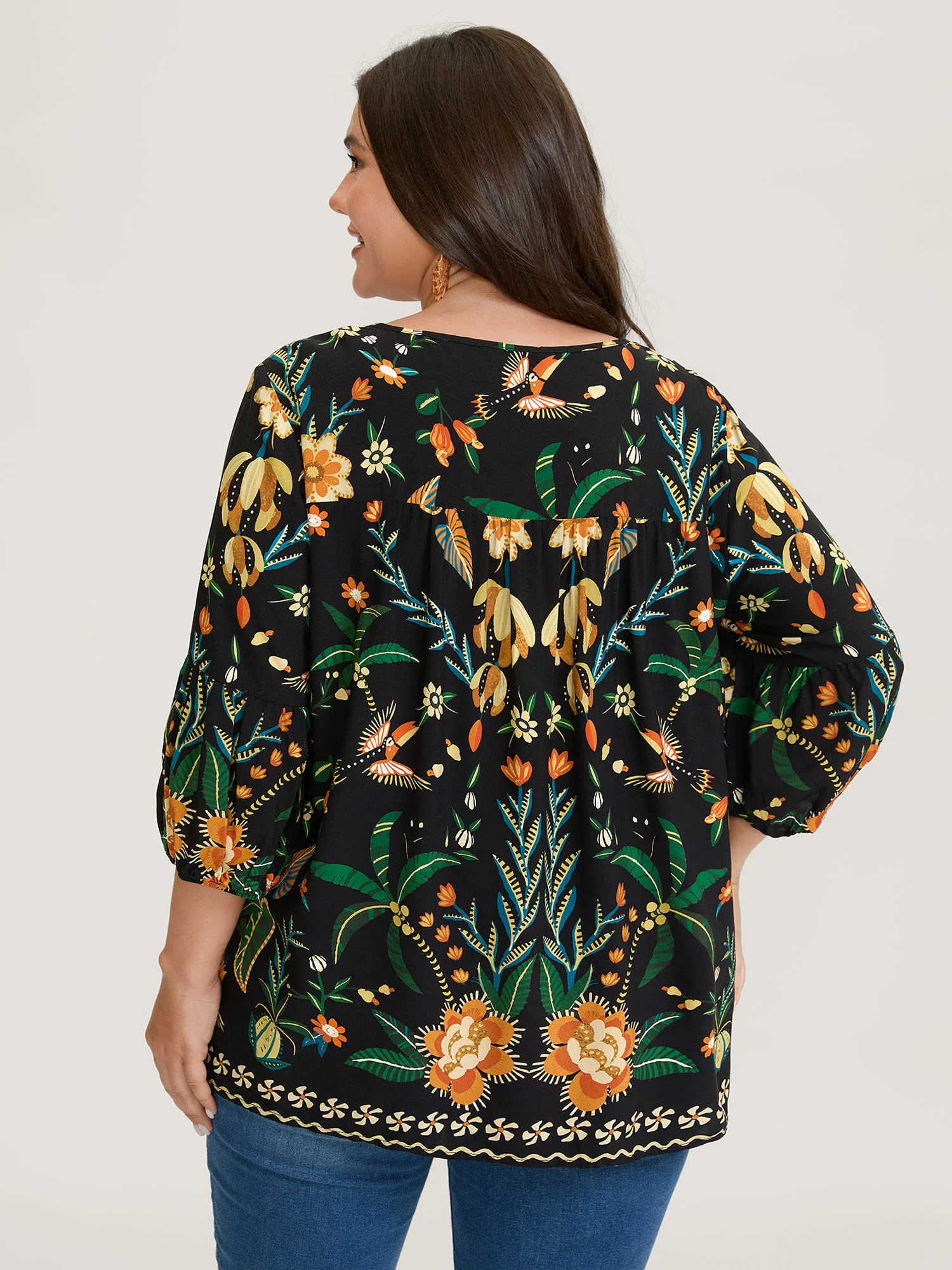 Rayon Boho Floral Neck Tie Blouse - Image 4