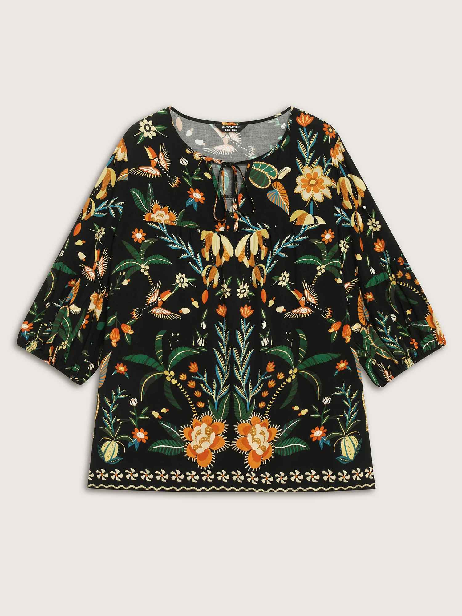 Rayon Boho Floral Neck Tie Blouse - Image 7