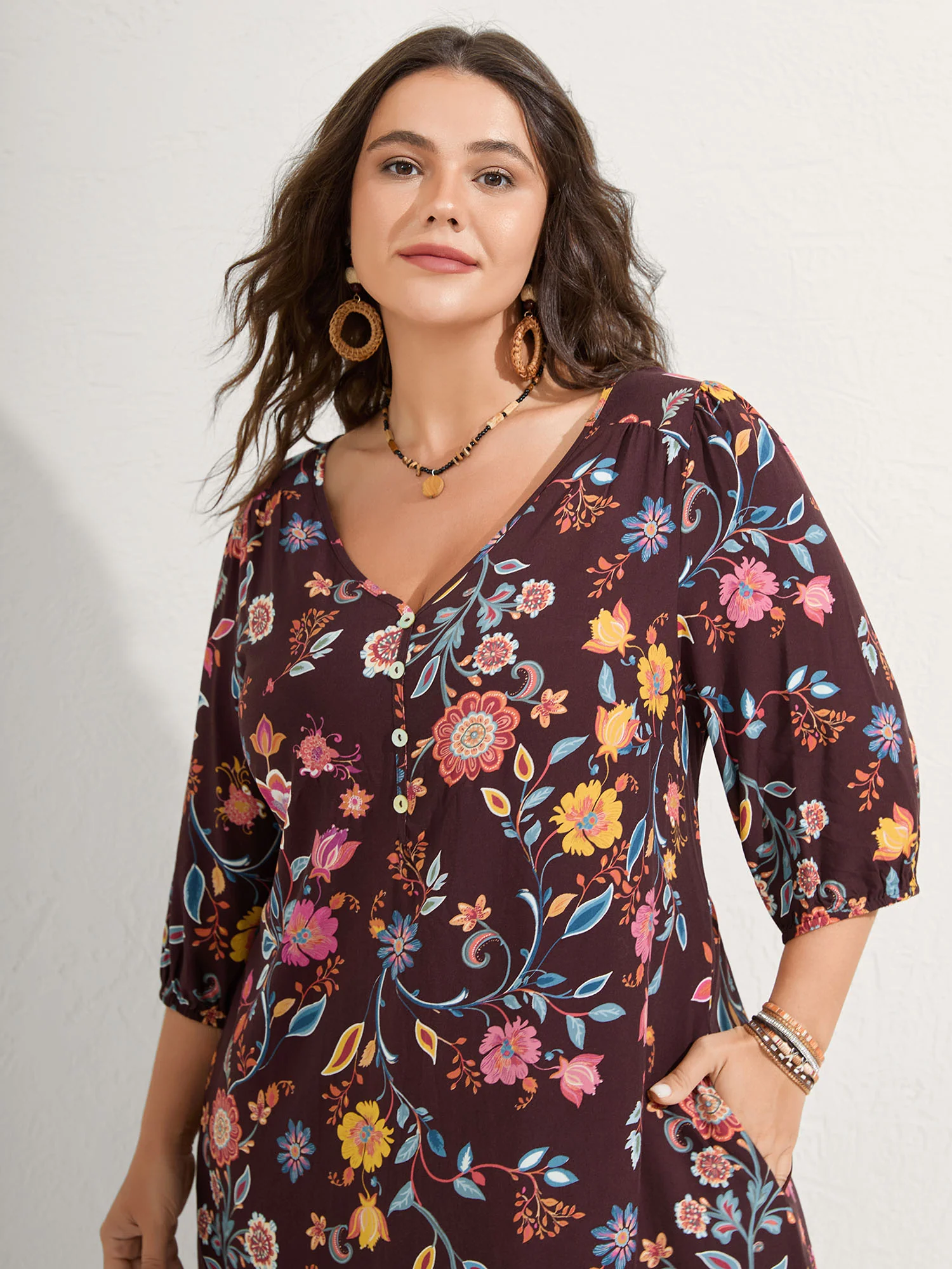 Rayon Boho Floral Placket Midi Dress - Image 2
