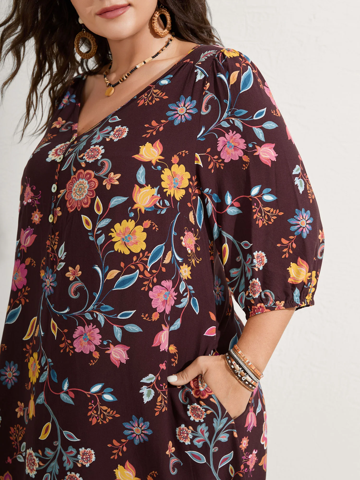 Rayon Boho Floral Placket Midi Dress - Image 3