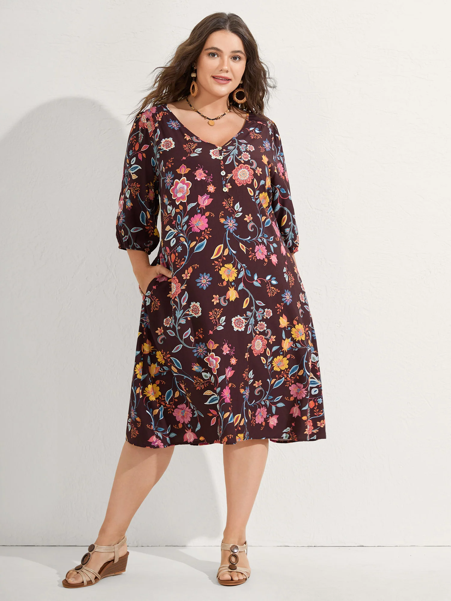 Rayon Boho Floral Placket Midi Dress - Image 4