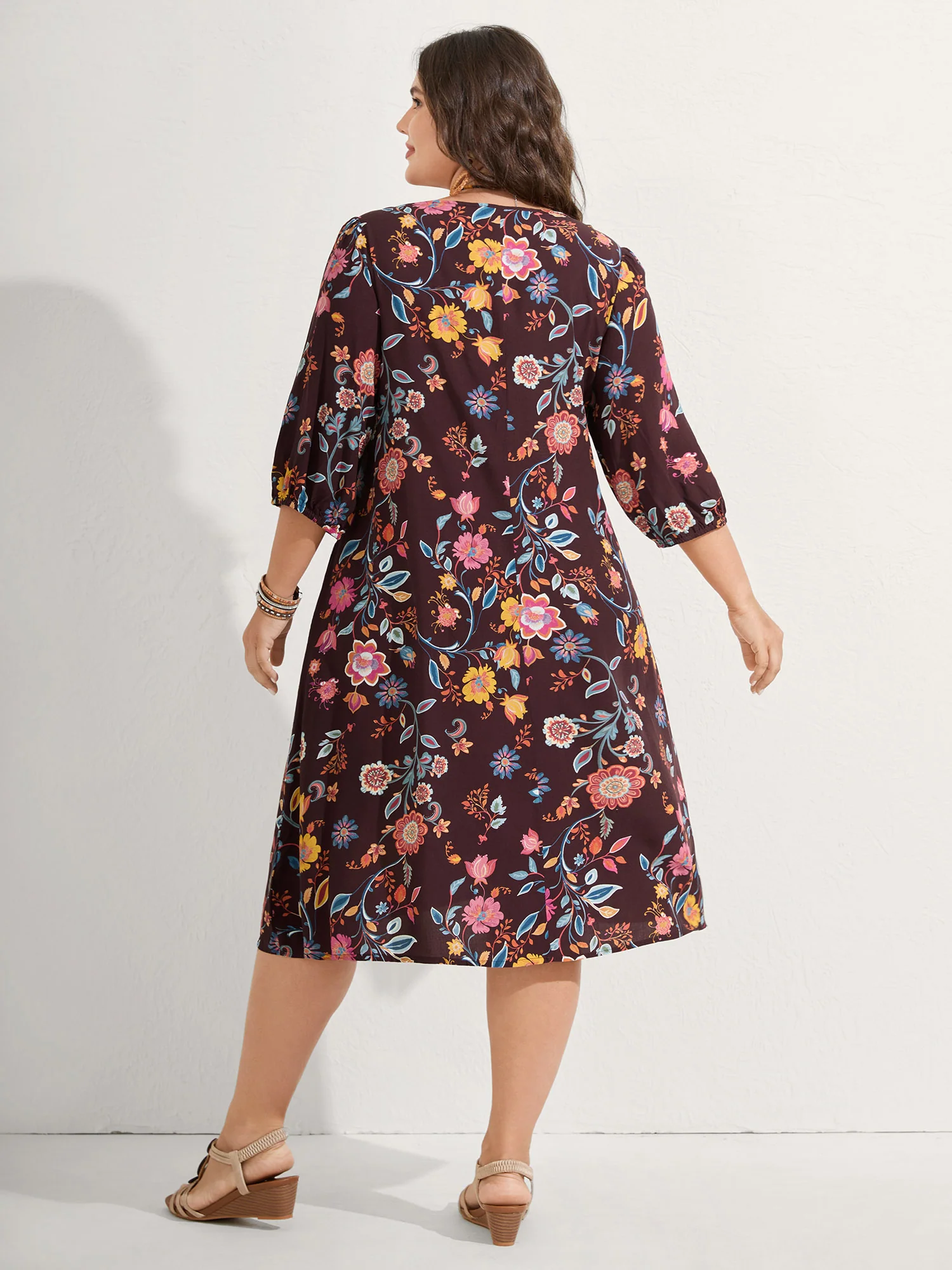 Rayon Boho Floral Placket Midi Dress - Image 5
