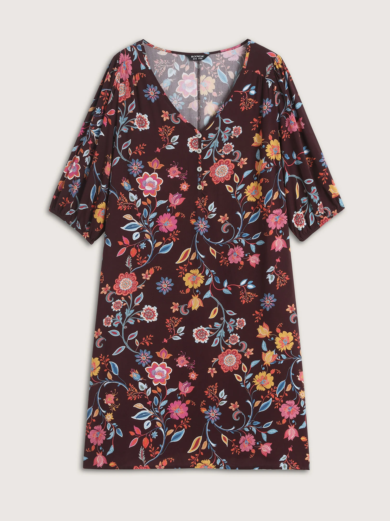 Rayon Boho Floral Placket Midi Dress - Image 8