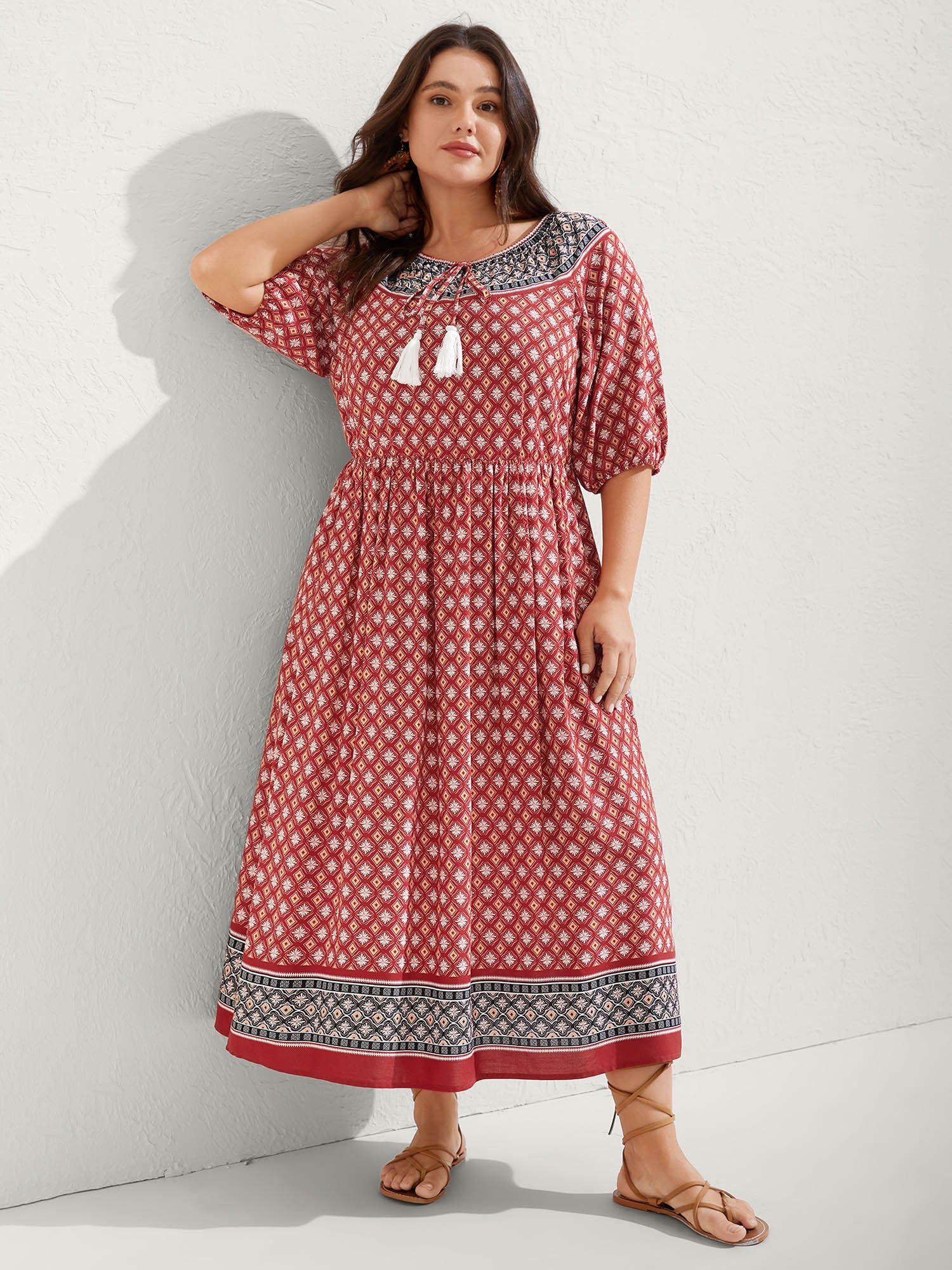 Rayon Boho Print Neck Tie Midi Dress - Image 2