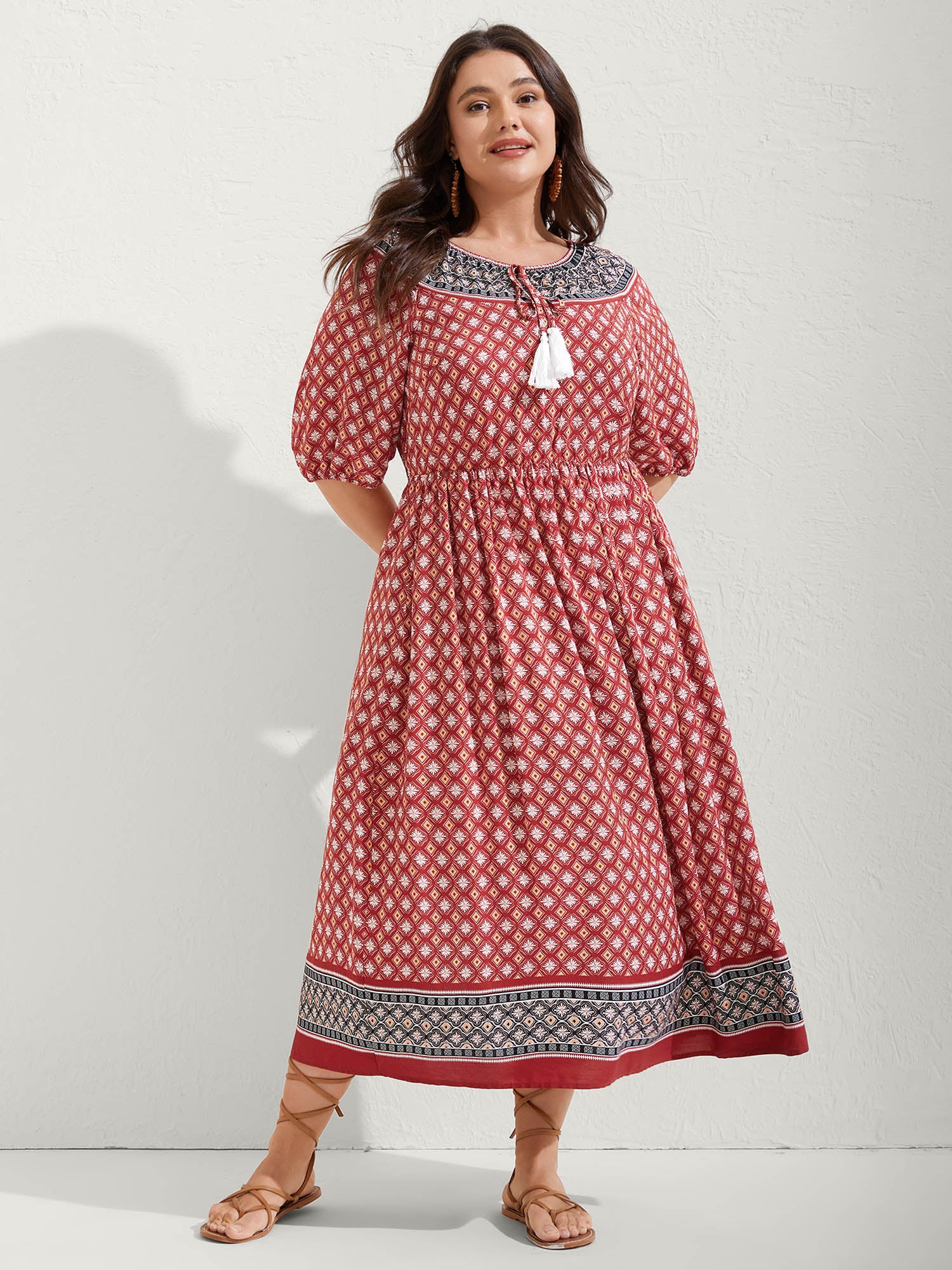 Rayon Boho Print Neck Tie Midi Dress - Image 3
