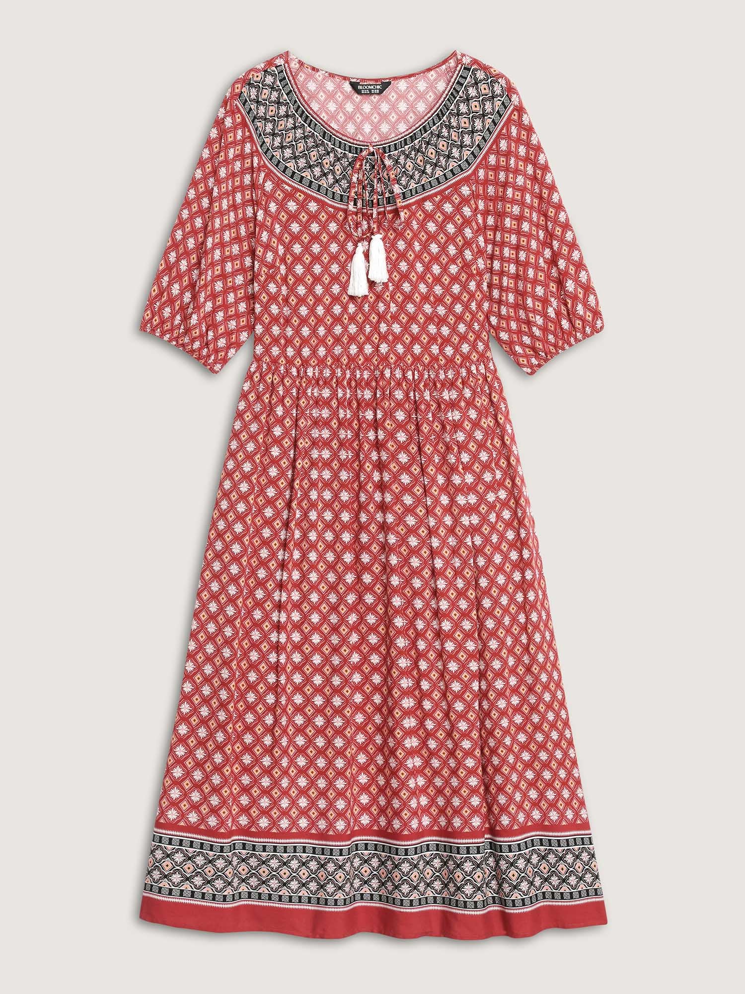 Rayon Boho Print Neck Tie Midi Dress - Image 7