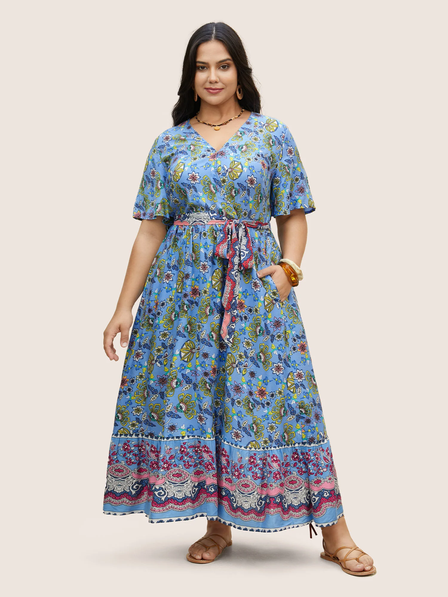 Rayon Boho Print Overlap Collar Dress - Image 2