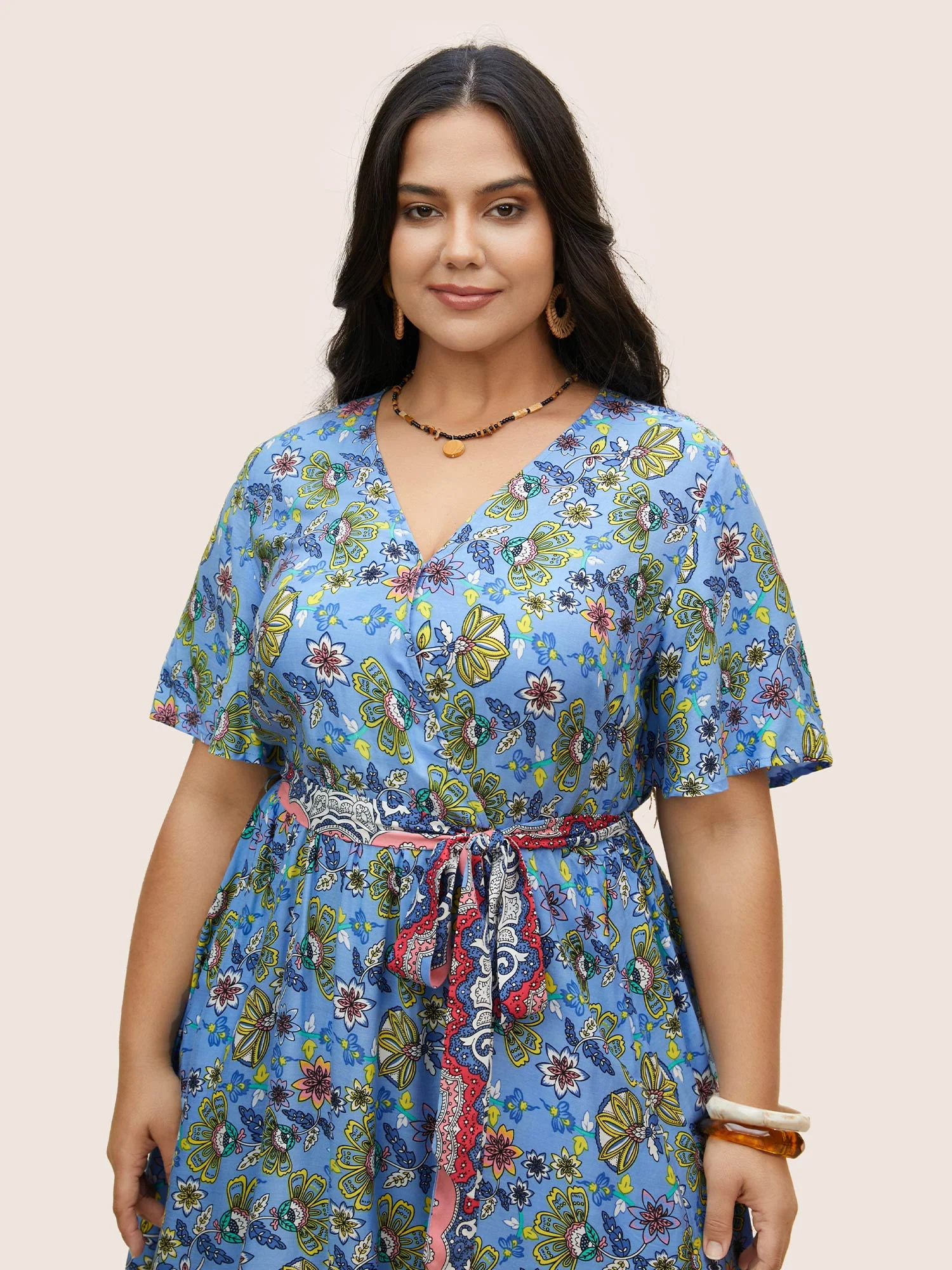 Rayon Boho Print Overlap Collar Dress - Image 4
