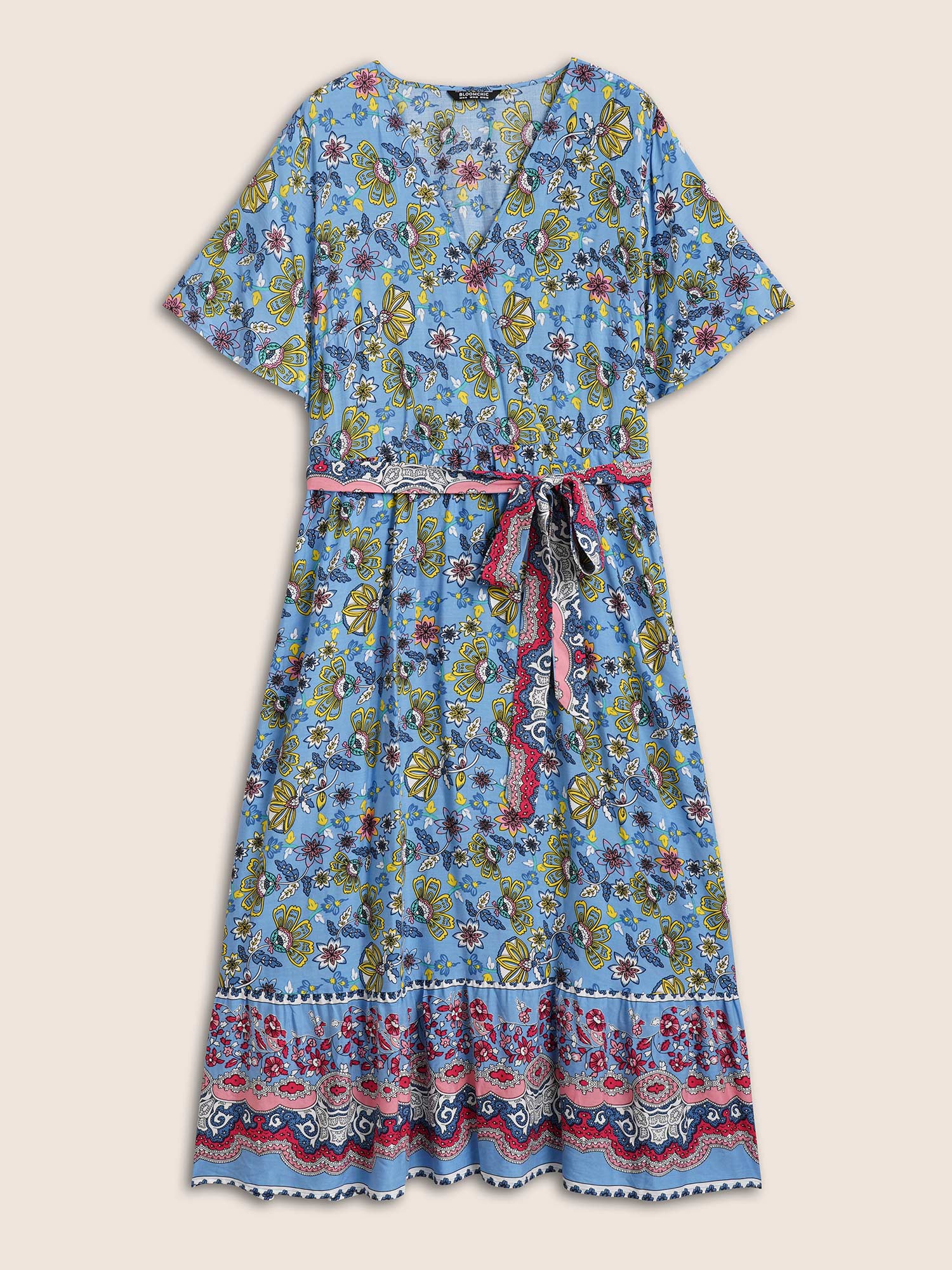Rayon Boho Print Overlap Collar Dress - Image 7
