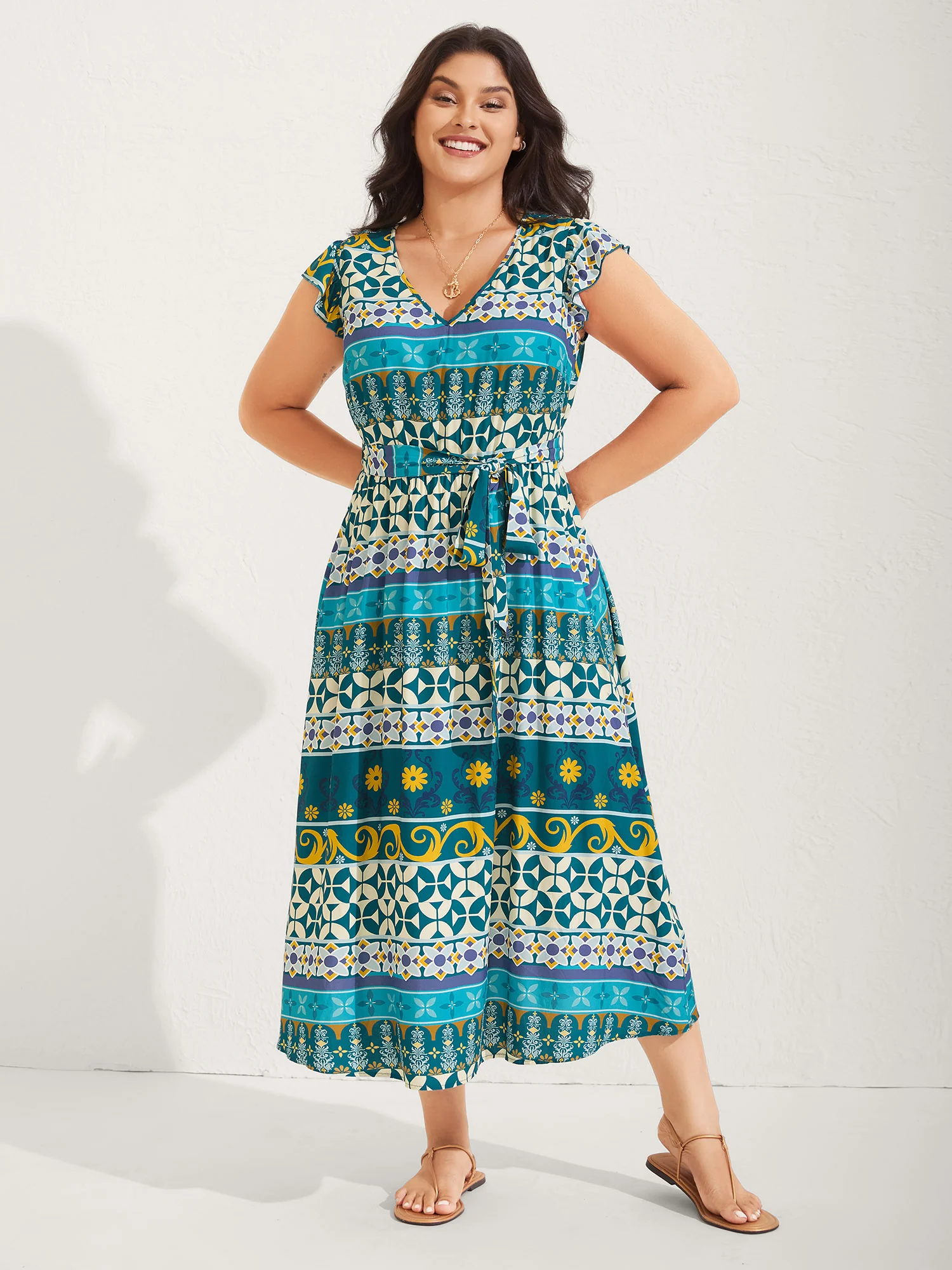 Rayon Boho Stretchy Waist Pockets Midi Dress - Image 3