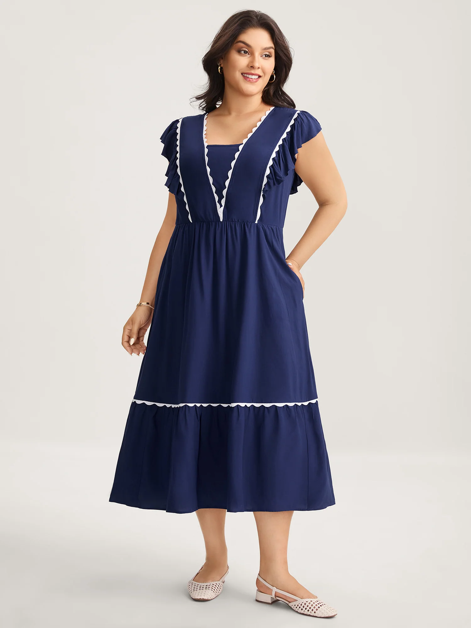 Rayon Collar Ribbon Contrast Pockets Midi Dress - Image 3
