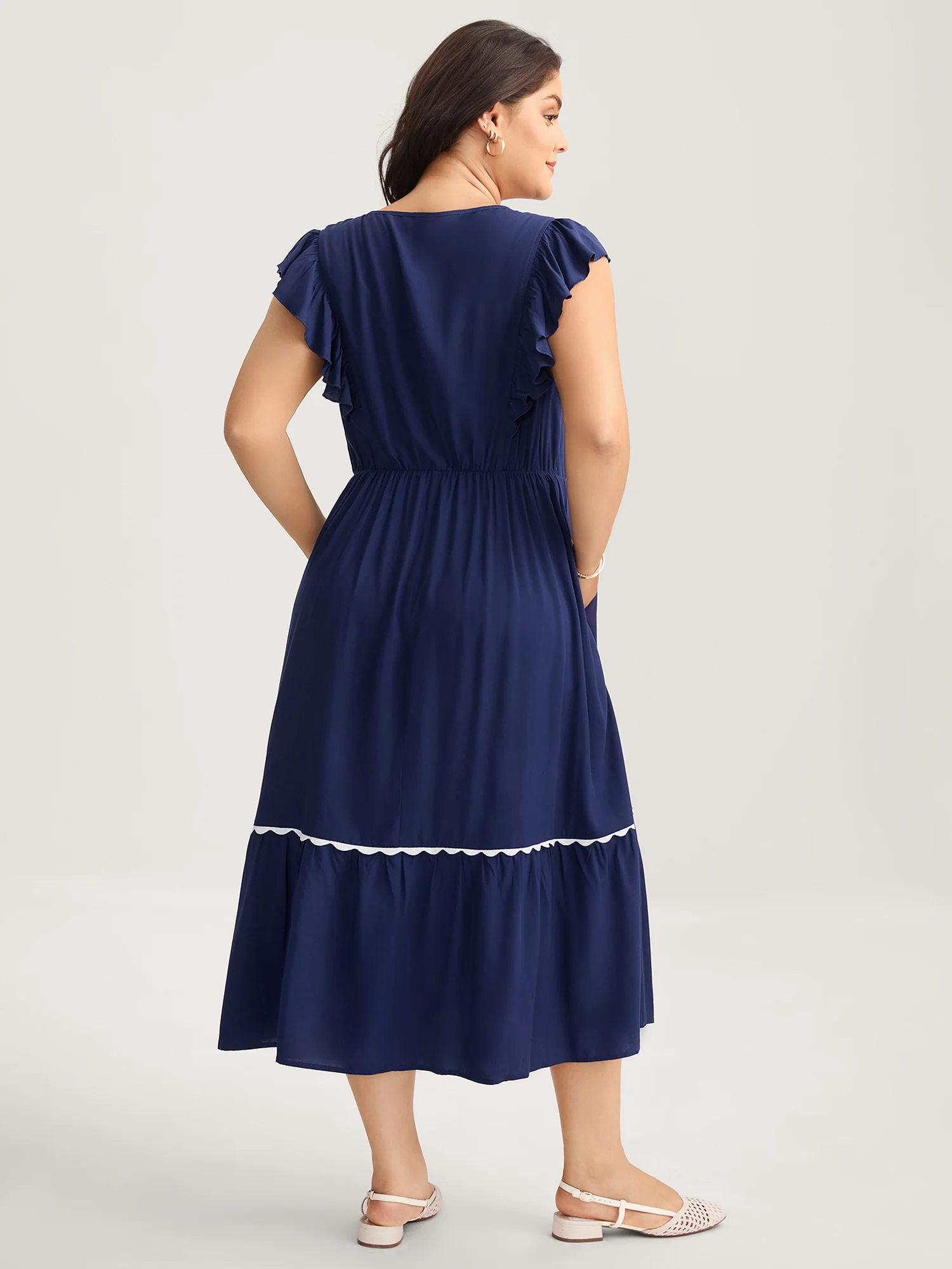 Rayon Collar Ribbon Contrast Pockets Midi Dress - Image 4