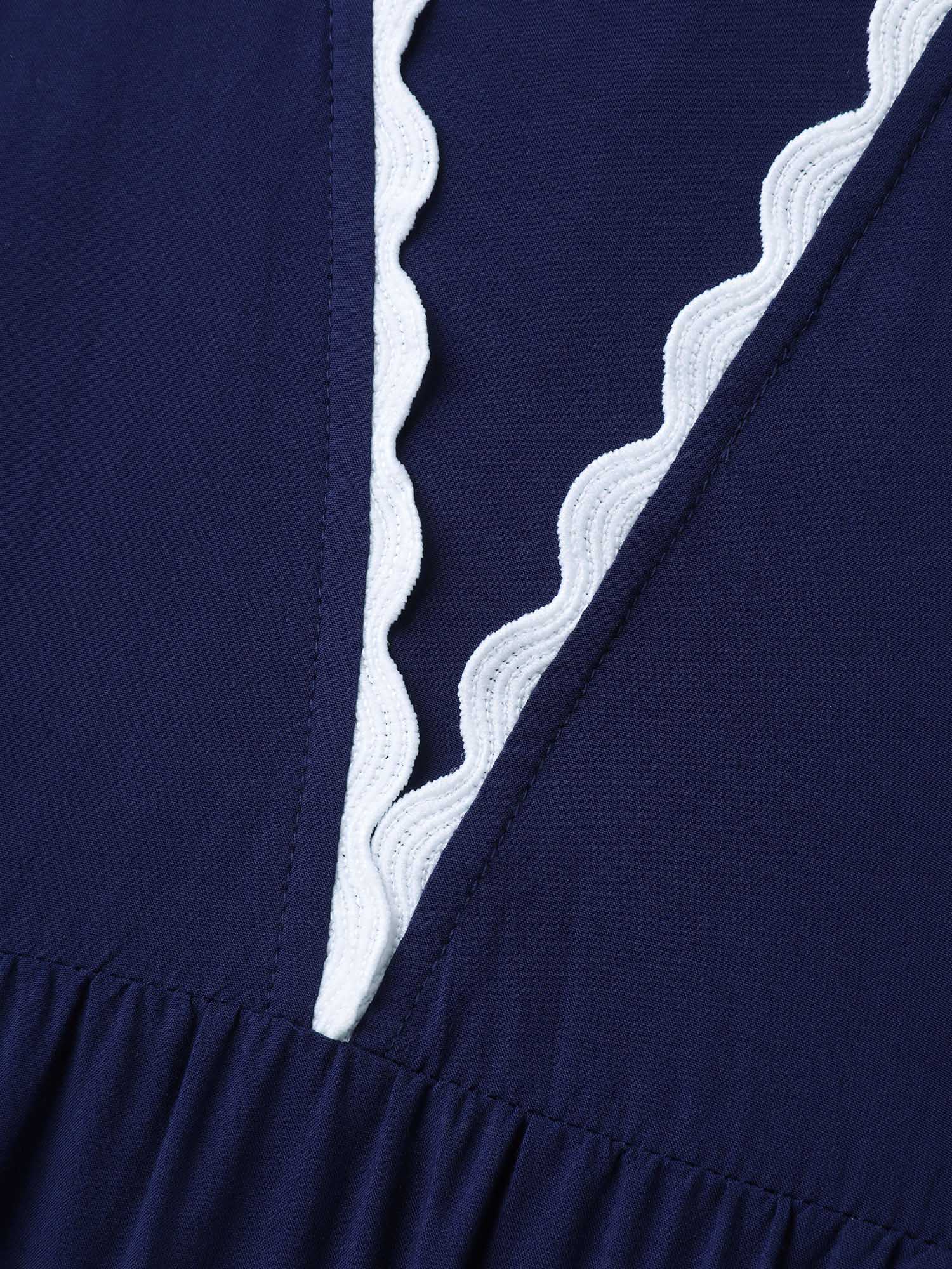 Rayon Collar Ribbon Contrast Pockets Midi Dress - Image 5