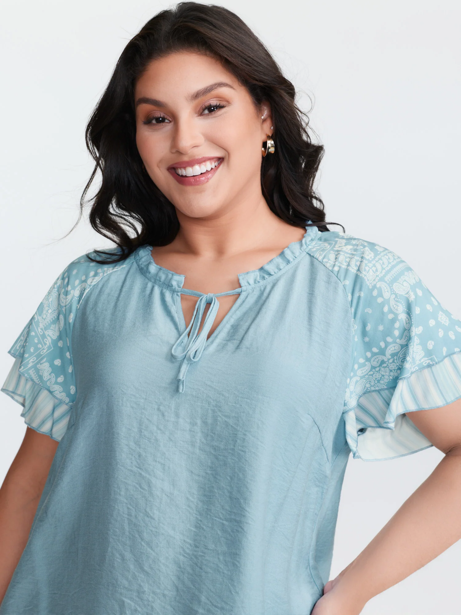 Rayon Color Contrast Ruffled Sleeve Blouse - Image 2