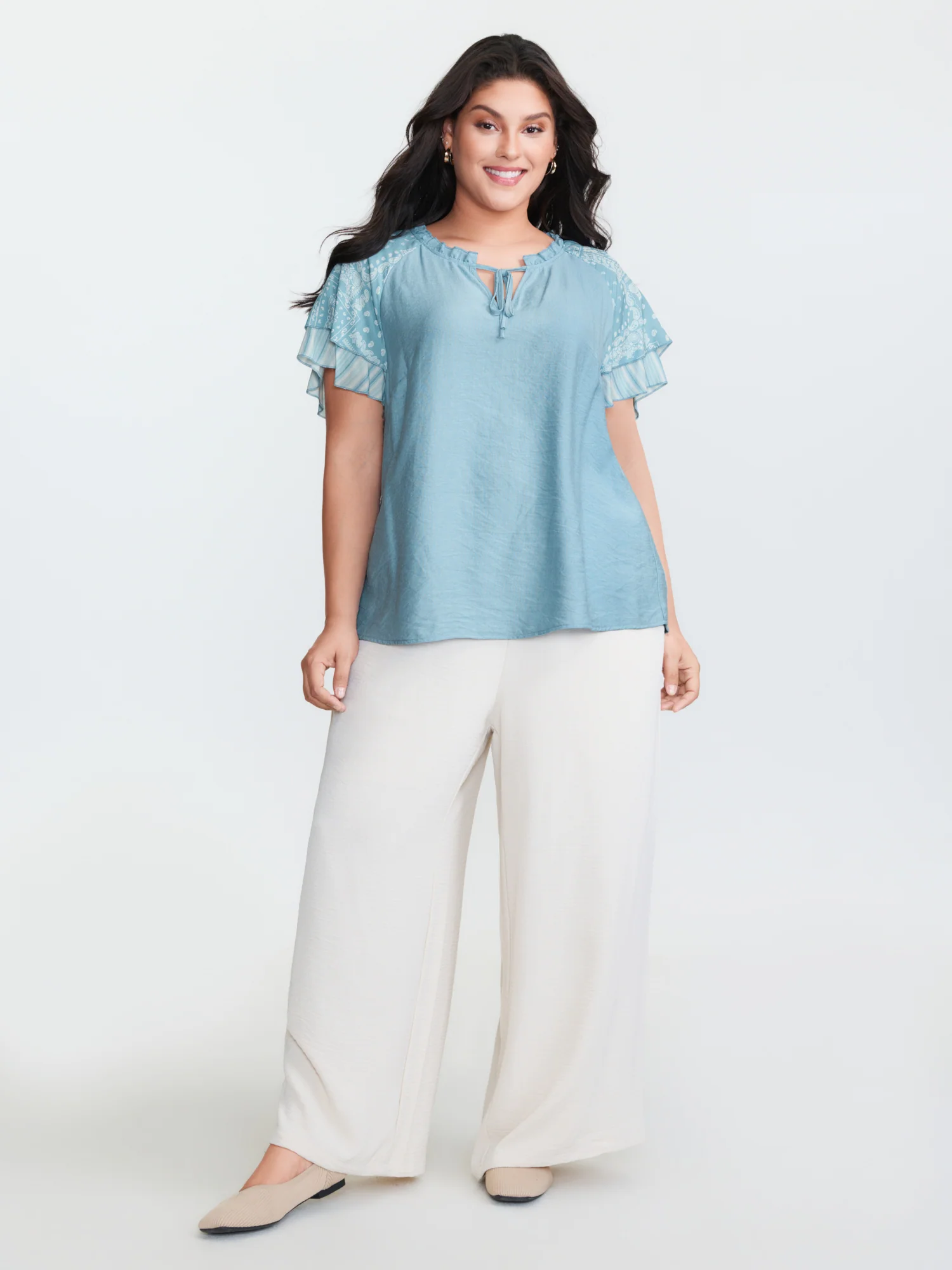 Rayon Color Contrast Ruffled Sleeve Blouse - Image 3