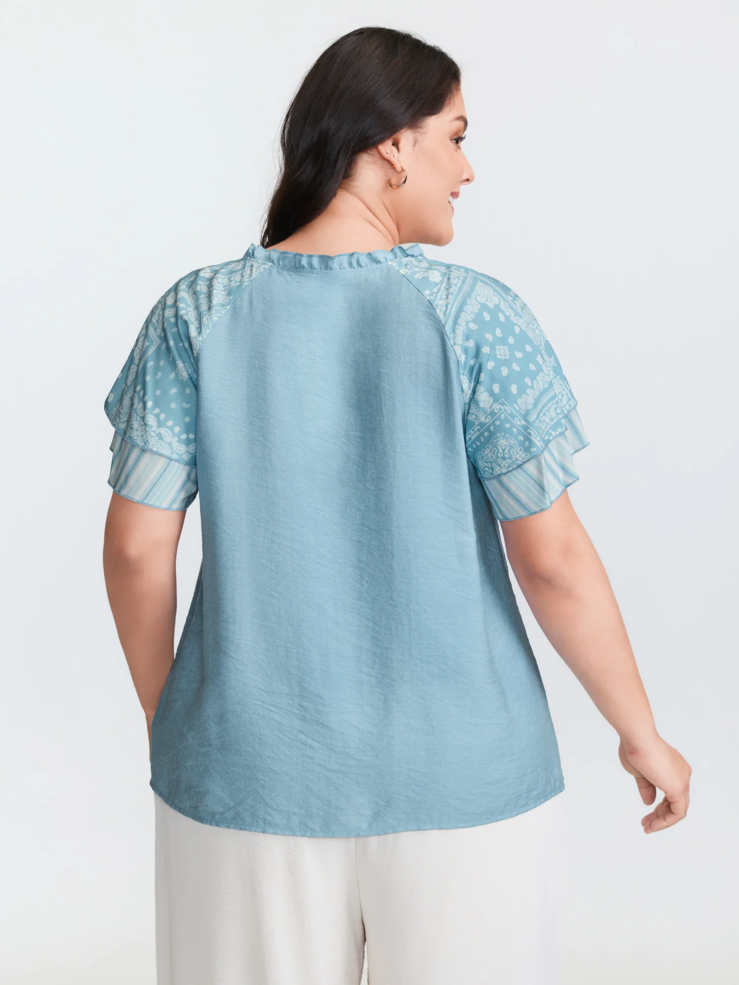 Rayon Color Contrast Ruffled Sleeve Blouse - Image 4