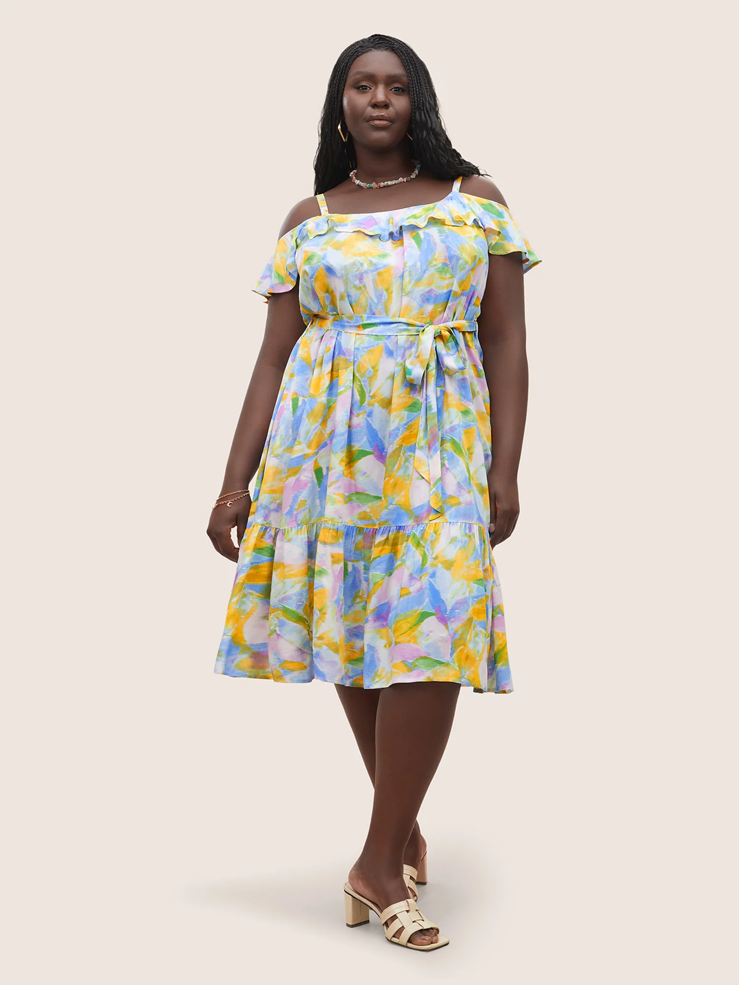 Rayon Pixel Flower Print Ruffles Pocket Dress - Image 3