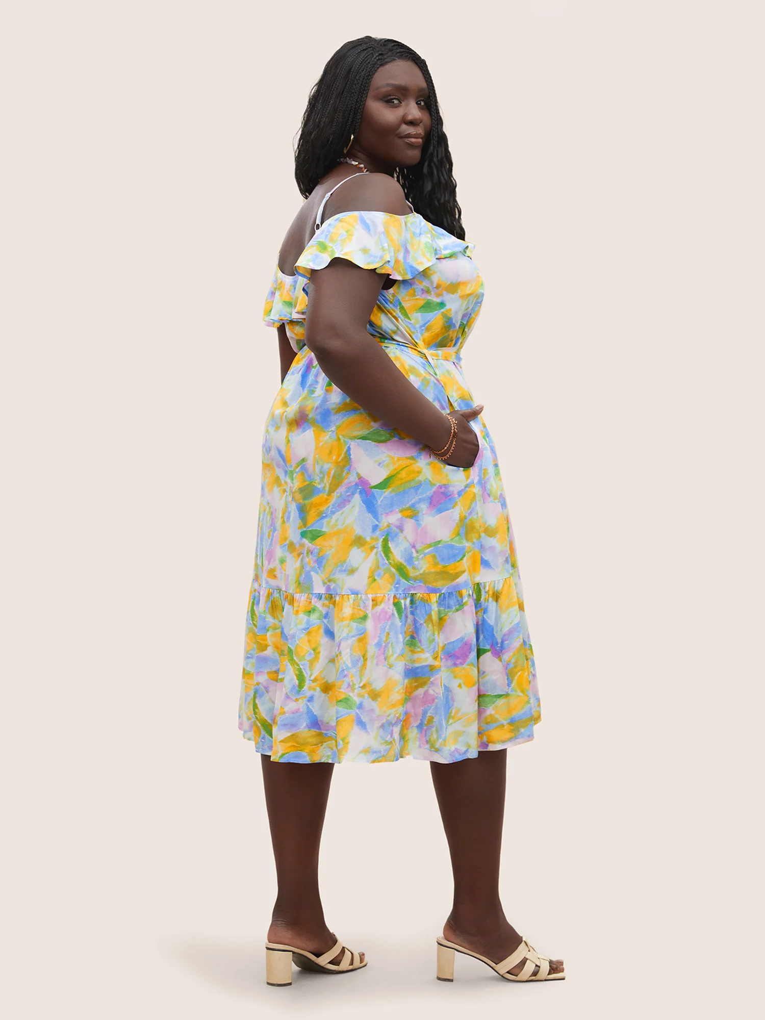 Rayon Pixel Flower Print Ruffles Pocket Dress - Image 4
