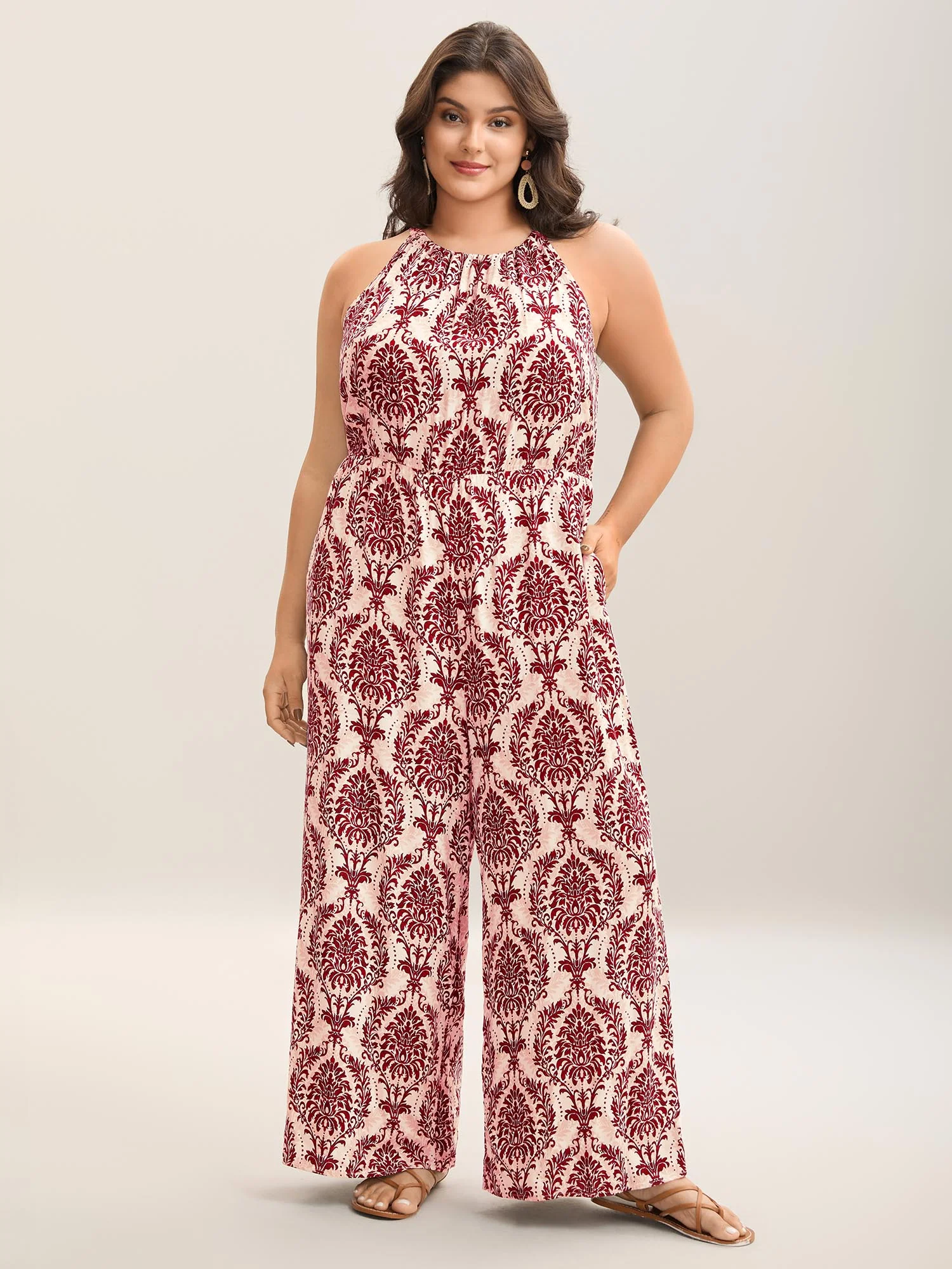 Rayon Damask Print Stretchy Waist Jumpsuit - Image 12