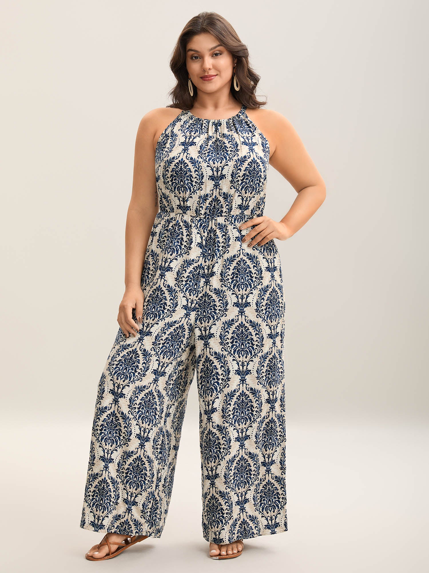 Rayon Damask Print Stretchy Waist Jumpsuit - Image 3