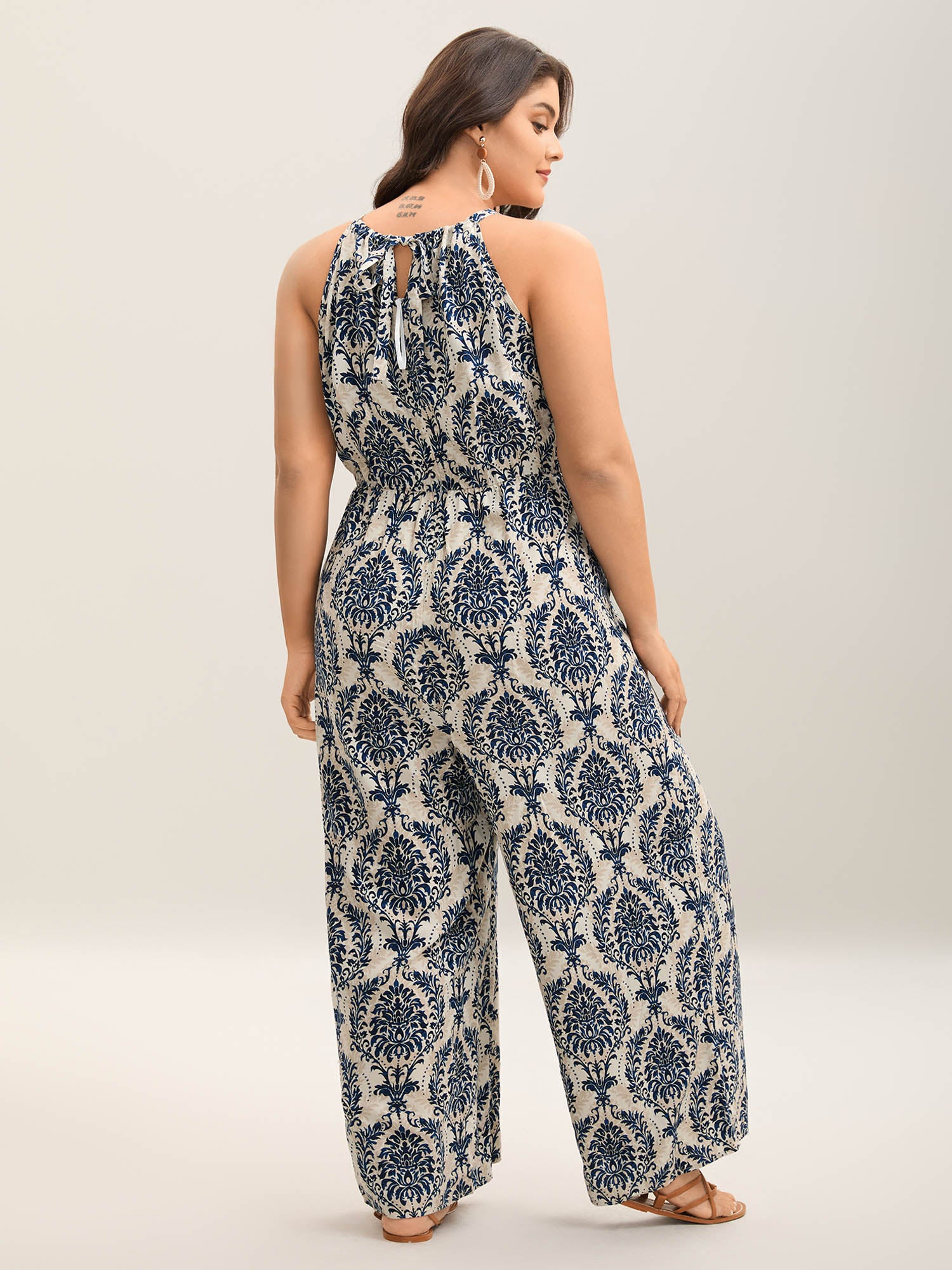 Rayon Damask Print Stretchy Waist Jumpsuit - Image 4