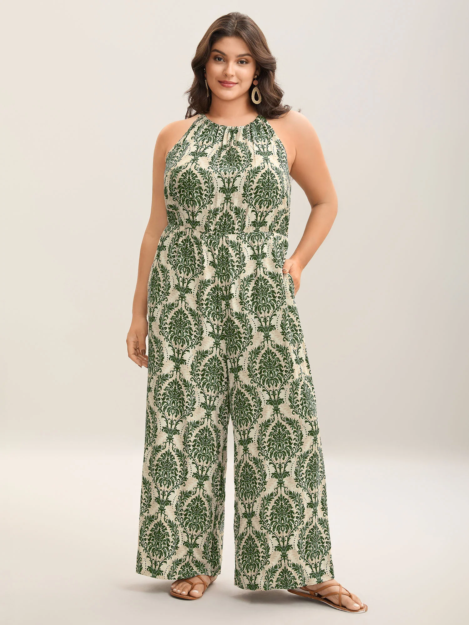 Rayon Damask Print Stretchy Waist Jumpsuit - Image 8