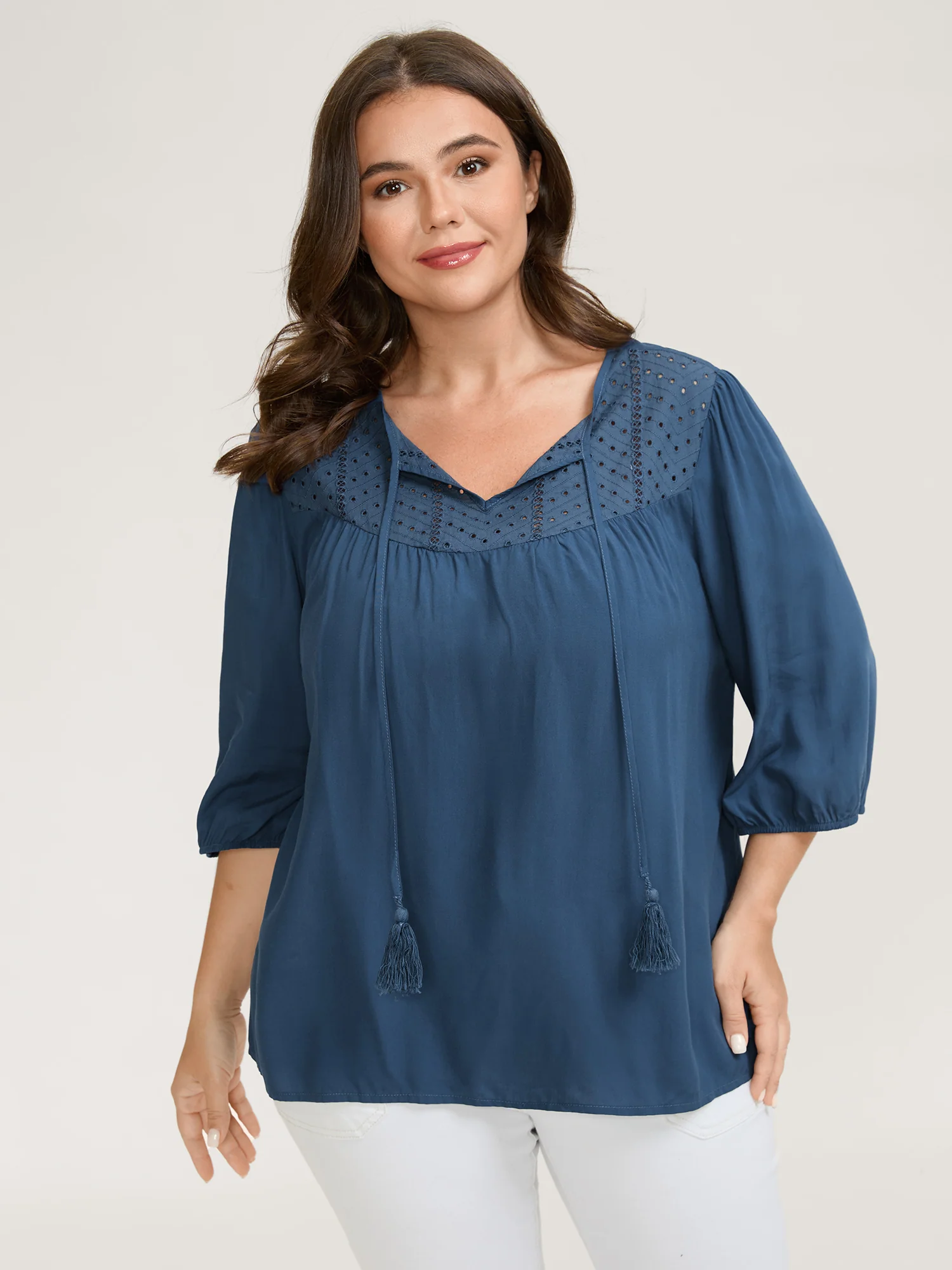 Rayon Eyelet Trim Neck-Tie Blouse - Image 2