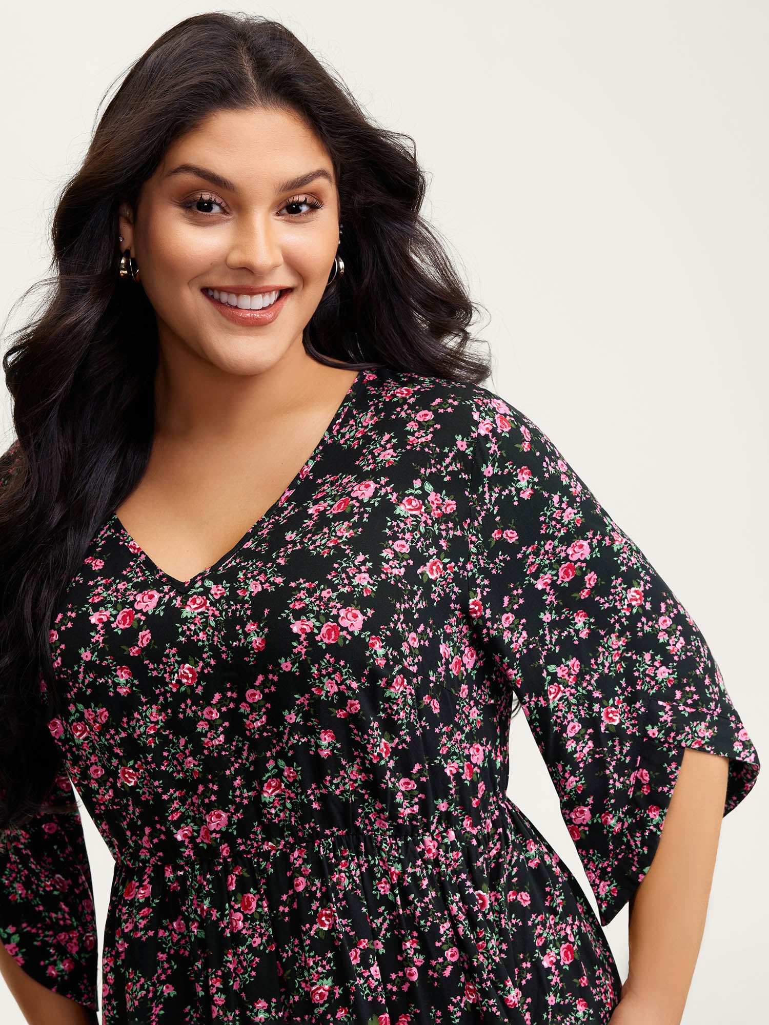 Rayon Floral Bell Sleeve Pockets Midi Dress - Image 2